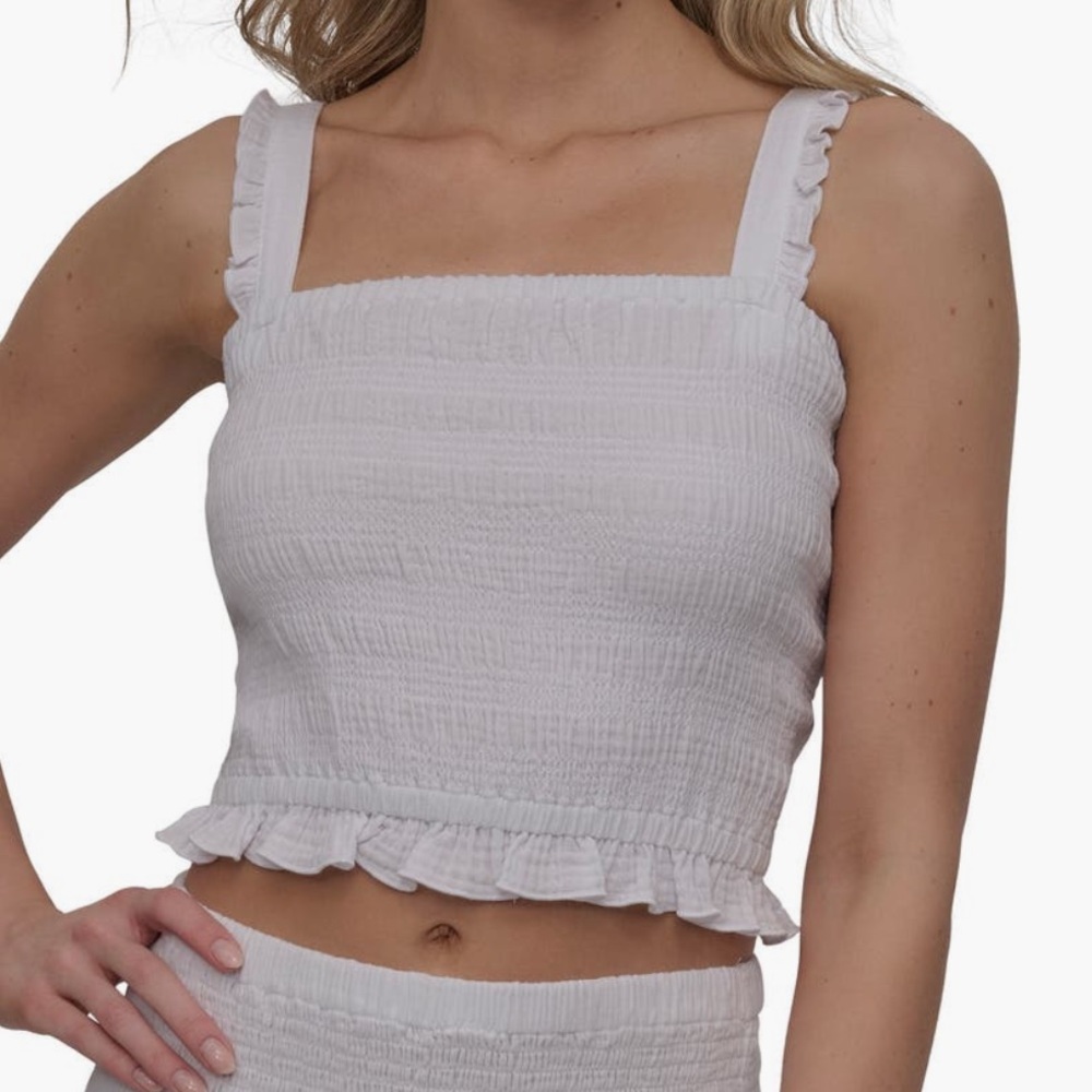 DKNY Jeans White Ruffle Strap Smocked Cotton Square Neck Top - Sz Large, NWT